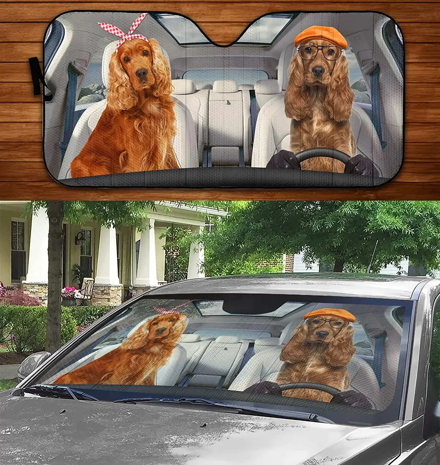 Cocker Spaniels Driving Headband Eyeglasses Dog Couple Car Sunshade, Cocker Spaniels Car Window Sun Cover Car Windshield Visor