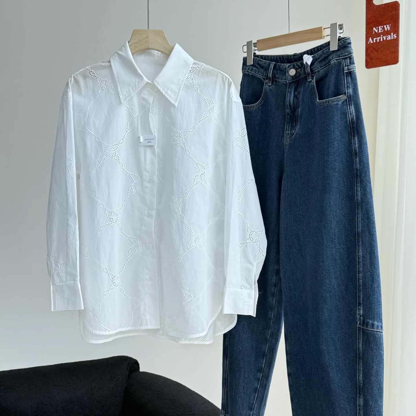 

Sustainable Fashion Hollow Embroidery Cotton Long Sleeve Shirt Women's Loose Fit Neutral Style Clothing Hollow out Long Sleeve