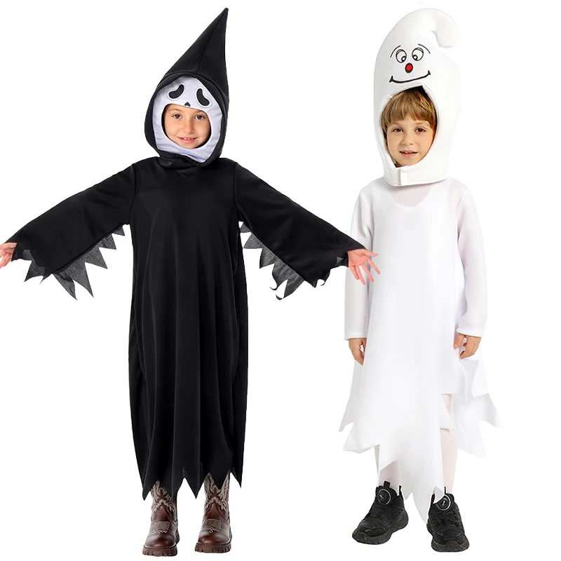 للجنسين الفتيات لطيف الأبيض شبحي هالوين يتوهم اللباس الزي الأولاد الأسود شبح الوجه زي #1
