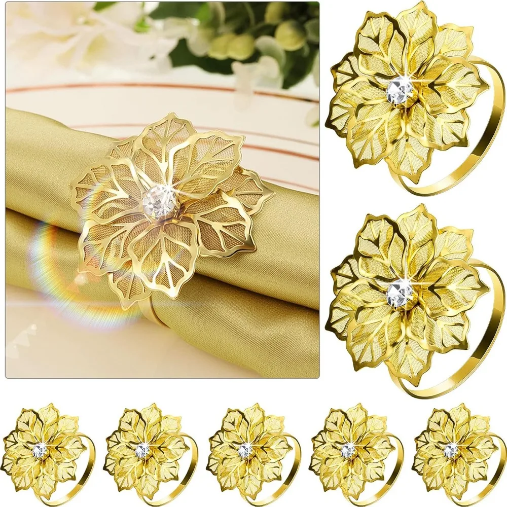 

Alloy Napkin Rings with Hollow Christmas Flower Napkin Holder Adornment Exquisite Napkins Rings Set Rhinestone Napkin Rings for