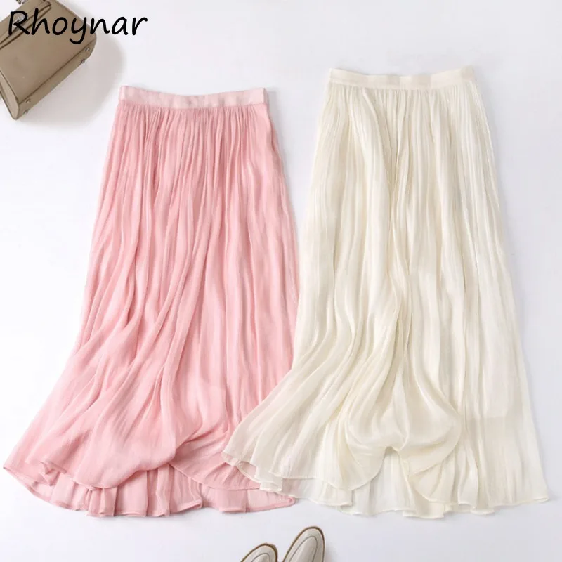 

Solid Skirts Women Summer Elastic Waist Comfortable A-line Temperament Design Pleated Korean Style Casual All-match Sweet Girls