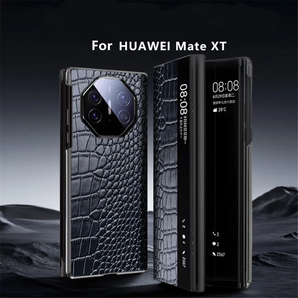 Genuine Cowhide Leather Crocodile Case For Huawei Mate XT Business Window View Cover