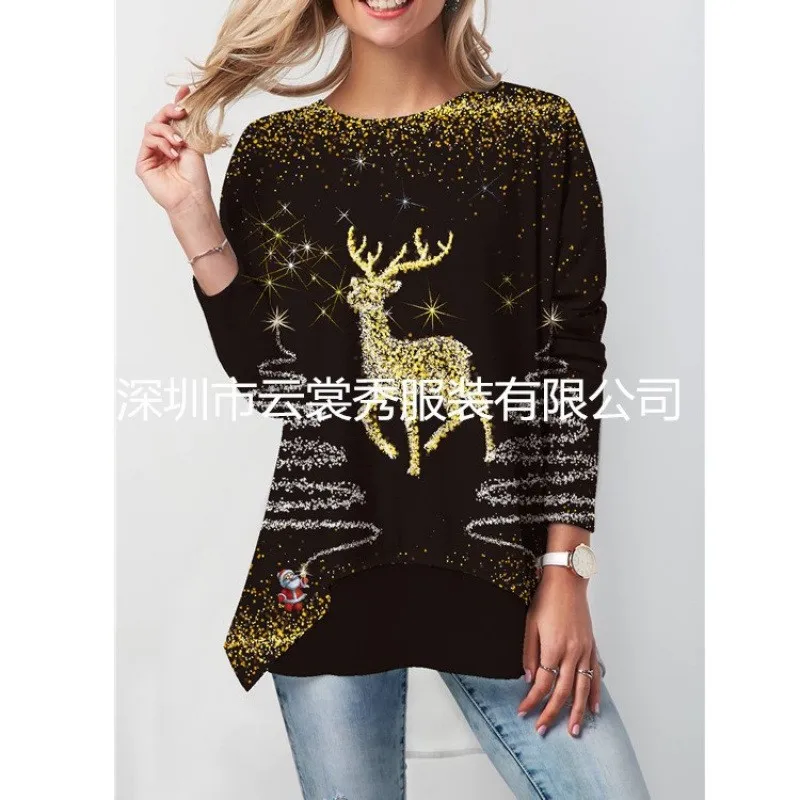 Women Winter Blouses T Shirt Christmas Spring Autumn Women's Printe O Neck Long Sleeve T-Shirt Tops Elegant Lady Tops Clothing