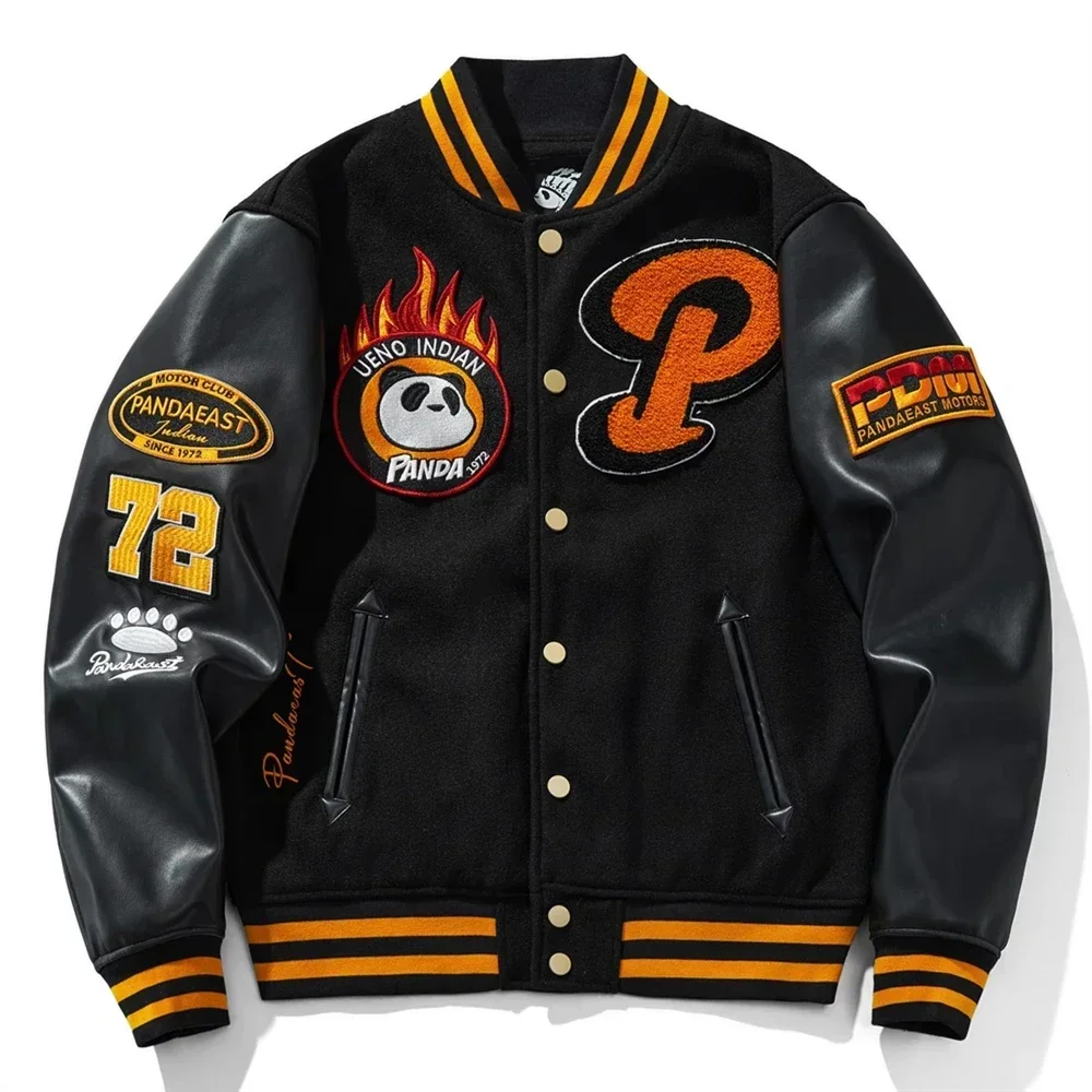 Black White Stripe High Street Streetwear Coat PU Woolen Men Boy Panda 72 Letterman Varsity Award Sukajan Souvenir Jacket Indian