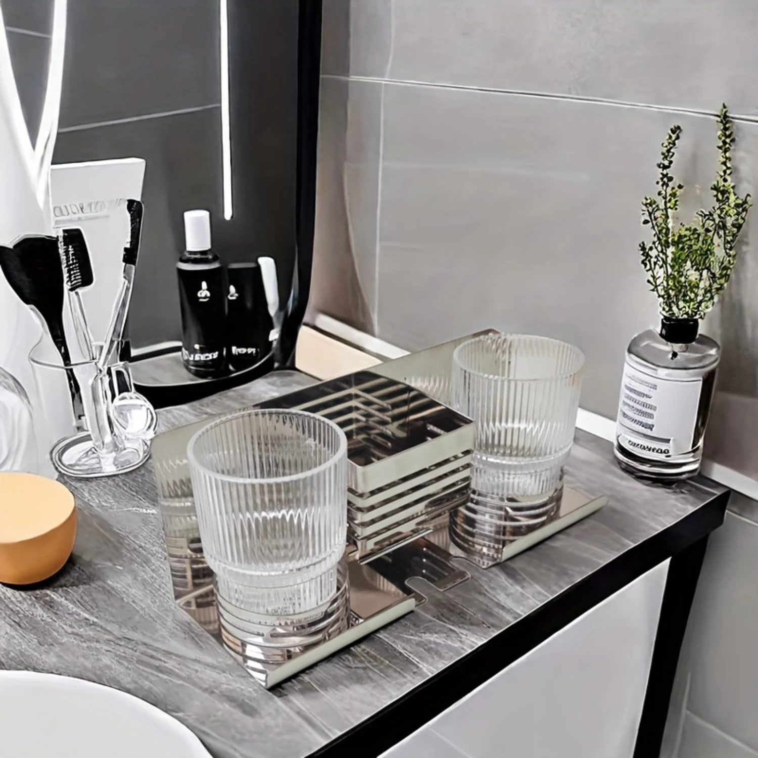 

Stainless Steel Multi-Functional Toothbrush Holder with Brushing Cup and Toothpaste Box for Bathroom Vanity