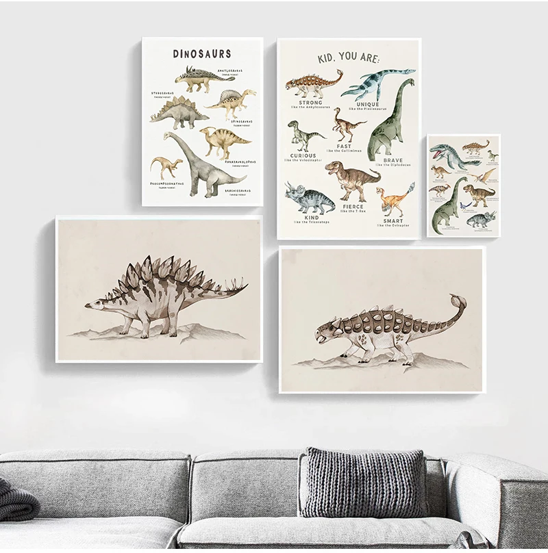1pc frameless Canvas Painting Vintage Dinosaur Chart Posters Extinct Animals Science Educational Prints Canvas Painting Wall Art