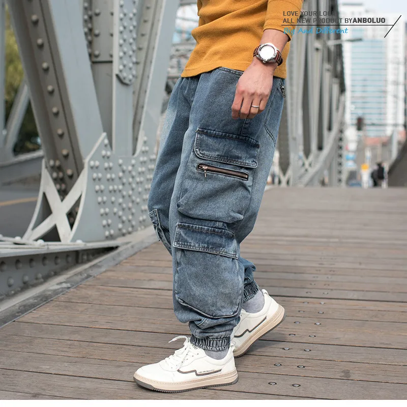 Mens Oversized Hip Hop Harem Jeans Loose Fit Cargo Denim Trousers With Multi Pockets Baggy Skateboard Pants Plus Size M-6XL