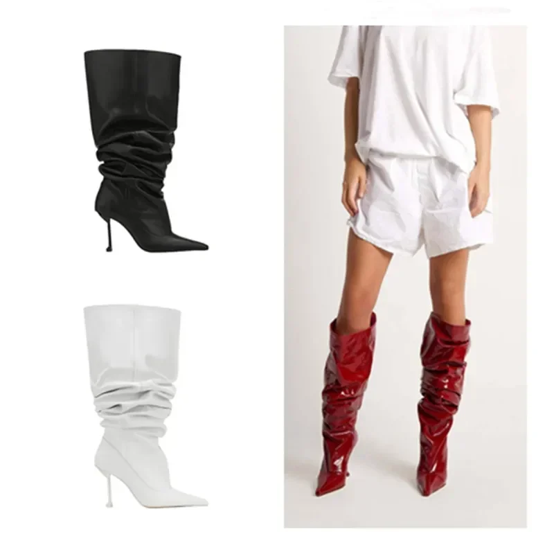 

European and American Fashion Sexy High-heeled Pleated Pointed Wide Tube Sleeve Boots for Women's Spicy Fashion Show Shoes