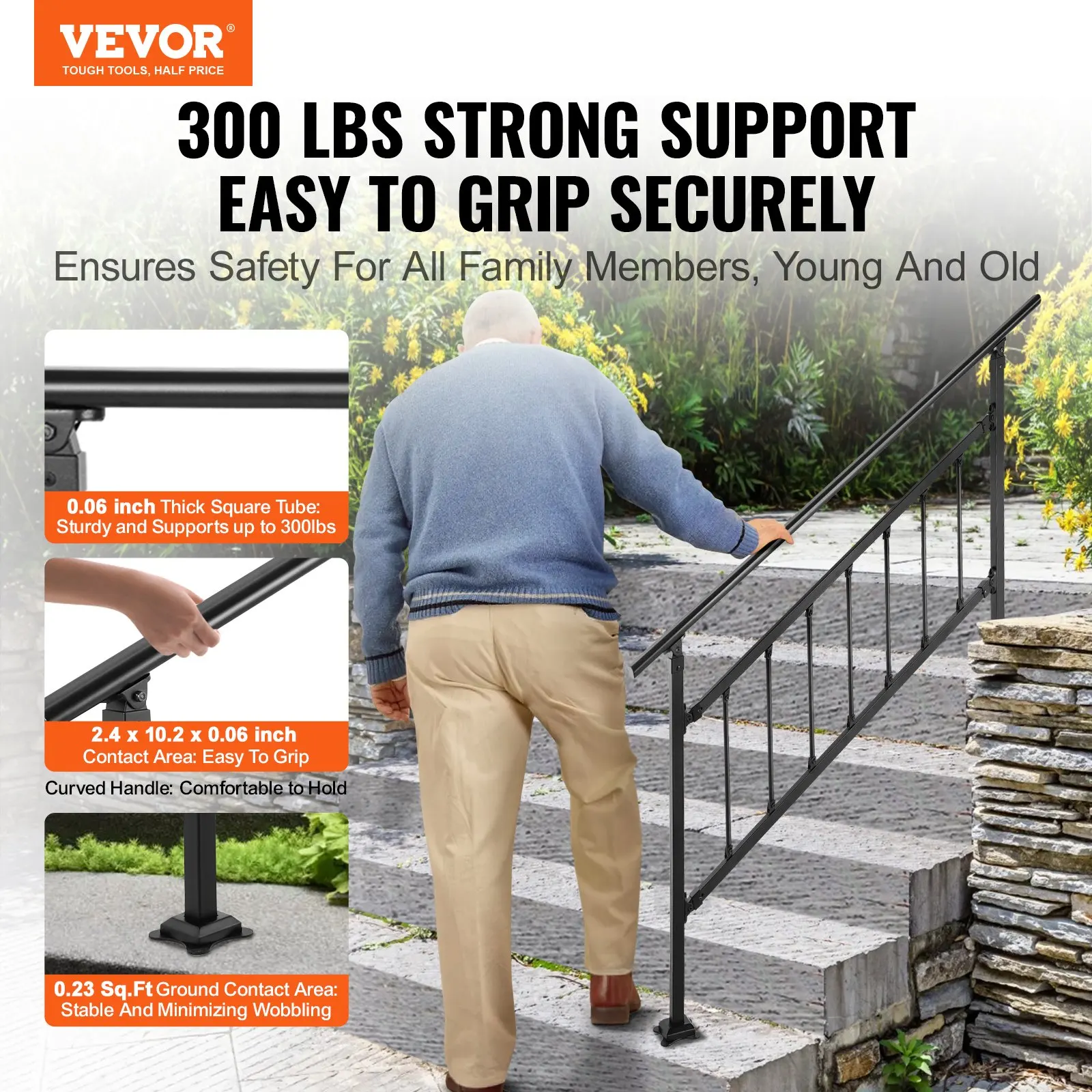 Outdoor Stair Railing, Fits For 1-5 Steps Transitional Wrought Iron Handrail, Adjustable Exterior Stair Railing With Fence,