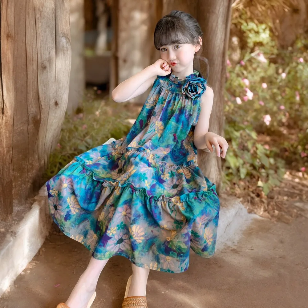 Teens Kids Chiffon Dresses for Baby Bohemia Long Dress Girls Summer Outfits Sleeveless Children Lolita Costumes 6 8 10 12 Years