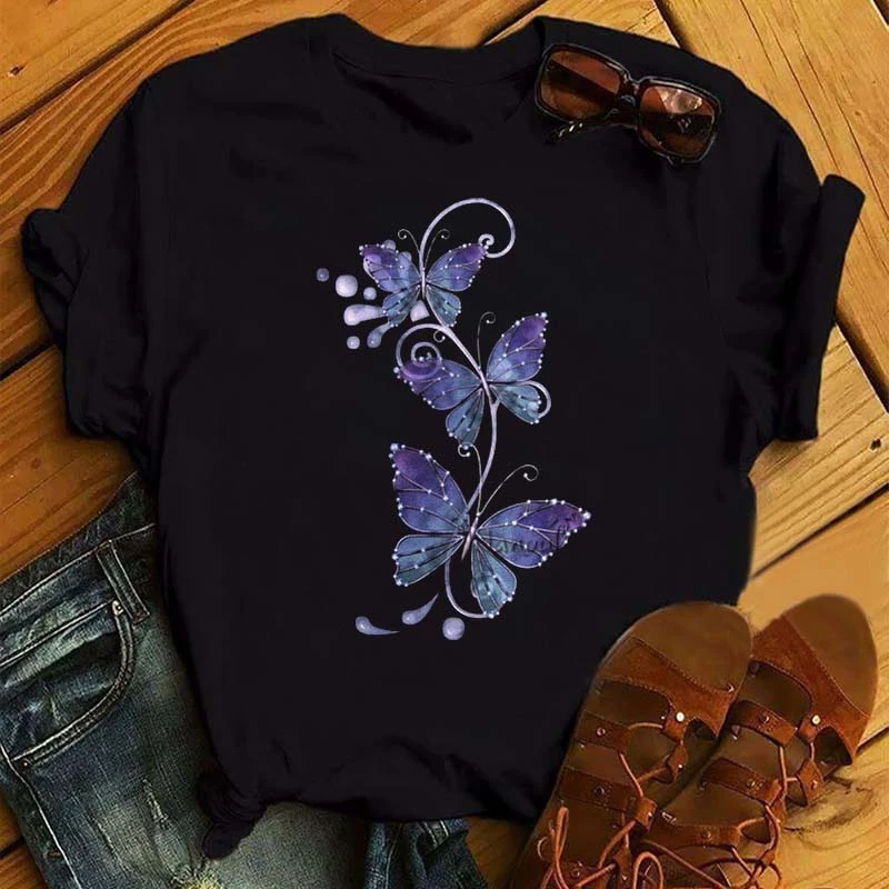 Women Flower Butterfly Fashion Print T Shirt Casual Short Sleeve Ladies T Tee Female Top Shirt Clothes Womens Graphic T-shirt