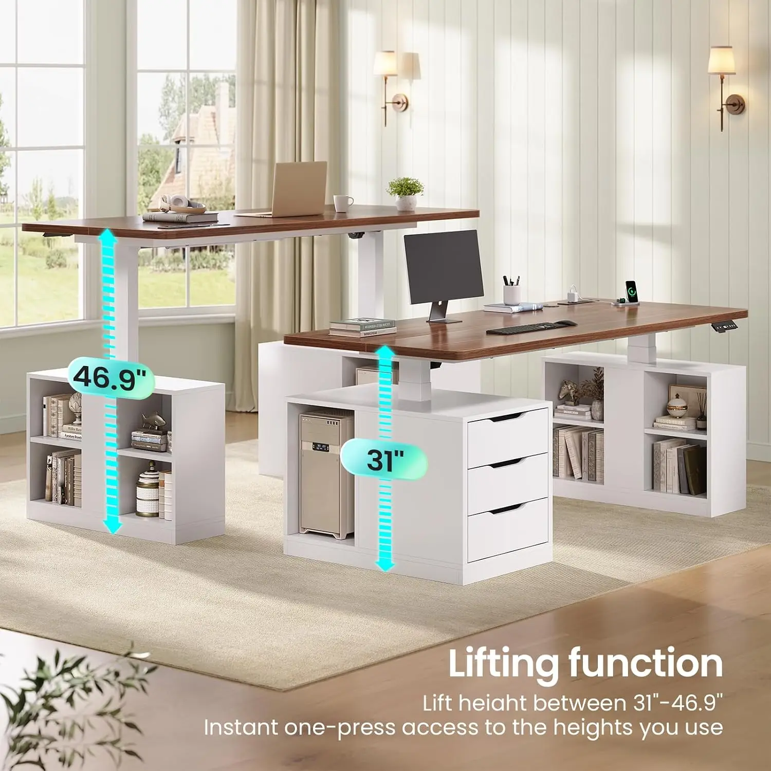 Modern Electric Standing Desk, 63" Height Adjustable Computer Desk with 3 Drawers, Storage Shelves, Power Outlets, Wood, Custom - view 3