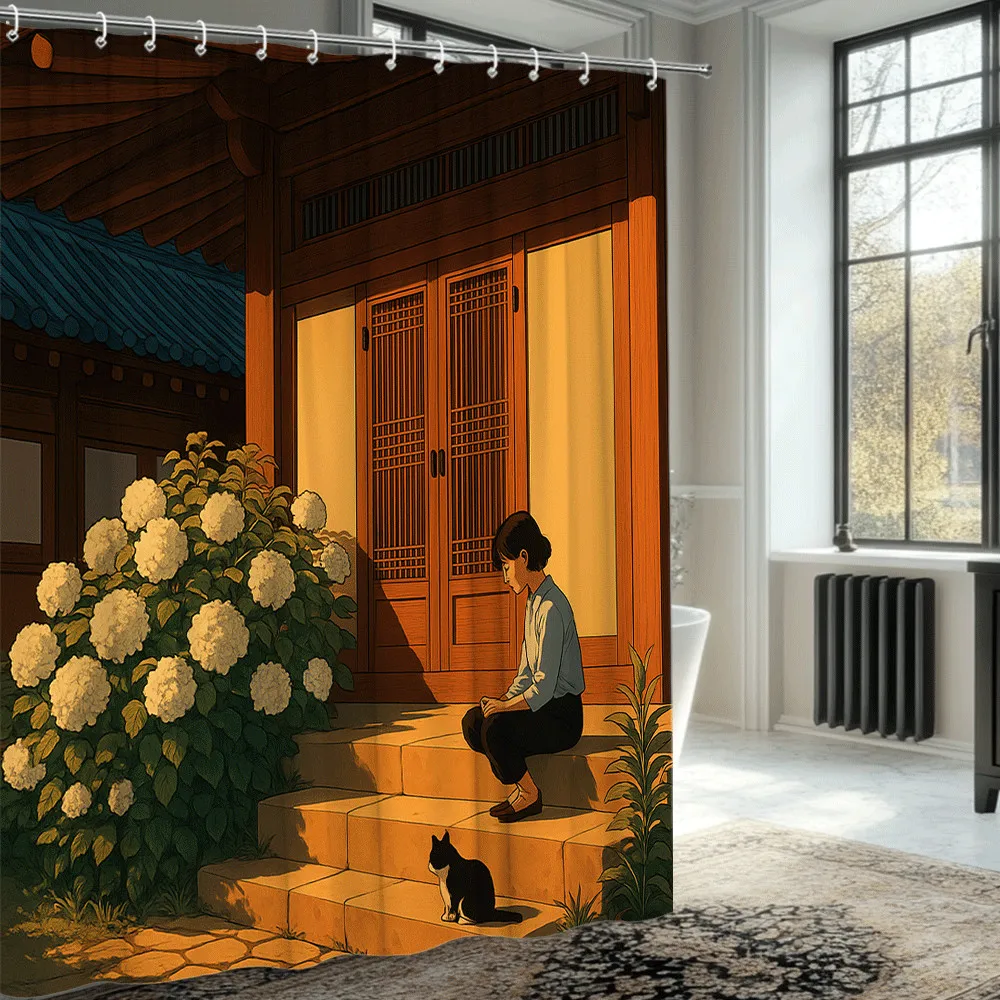 

Traditional Korean House Scene Shower Curtain Machine Washable All Season Waterproof Privacy Protection Anime Style 12 hooks