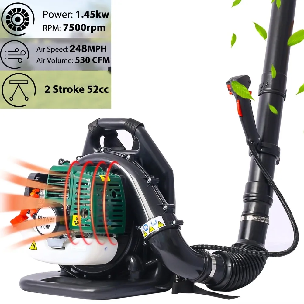 

Backpack Leaf Blower Gas Powered 52CC, Cordless Leaf Blower 530CFM Powerful, with Adjustable Handle & Extended Tube for Yard