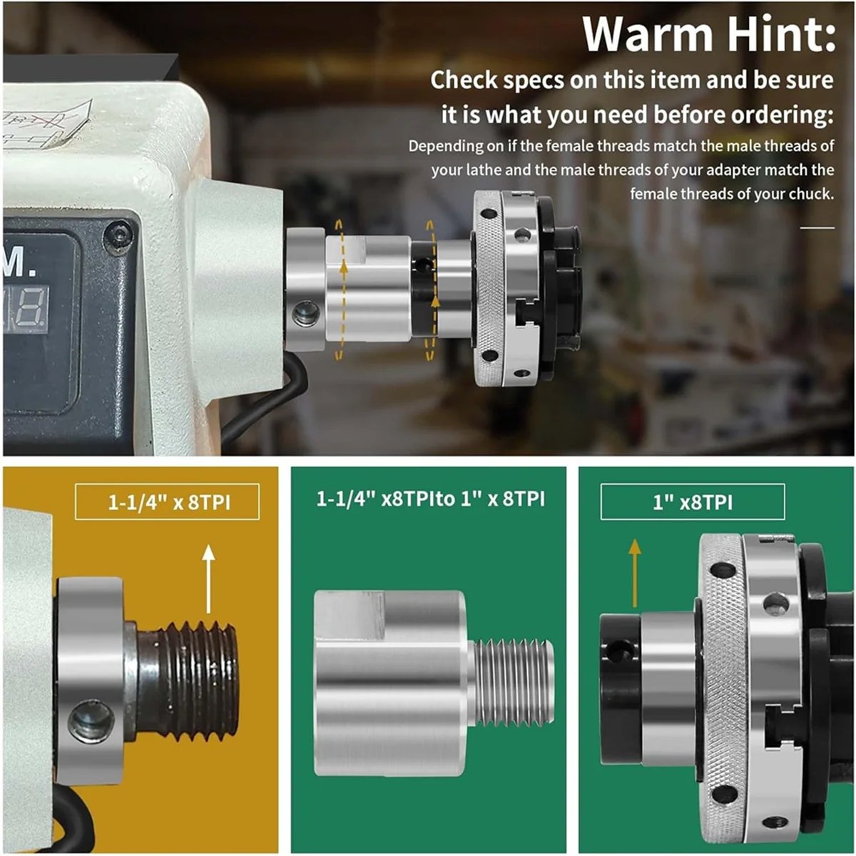 Adapter wrzeciona tokarki ABNJ, adapter wrzeciona głowicy tokarki, konwertuje 1-1/4 cala X 8TPI na 1 cal X 8TPI do tokarki do drewna