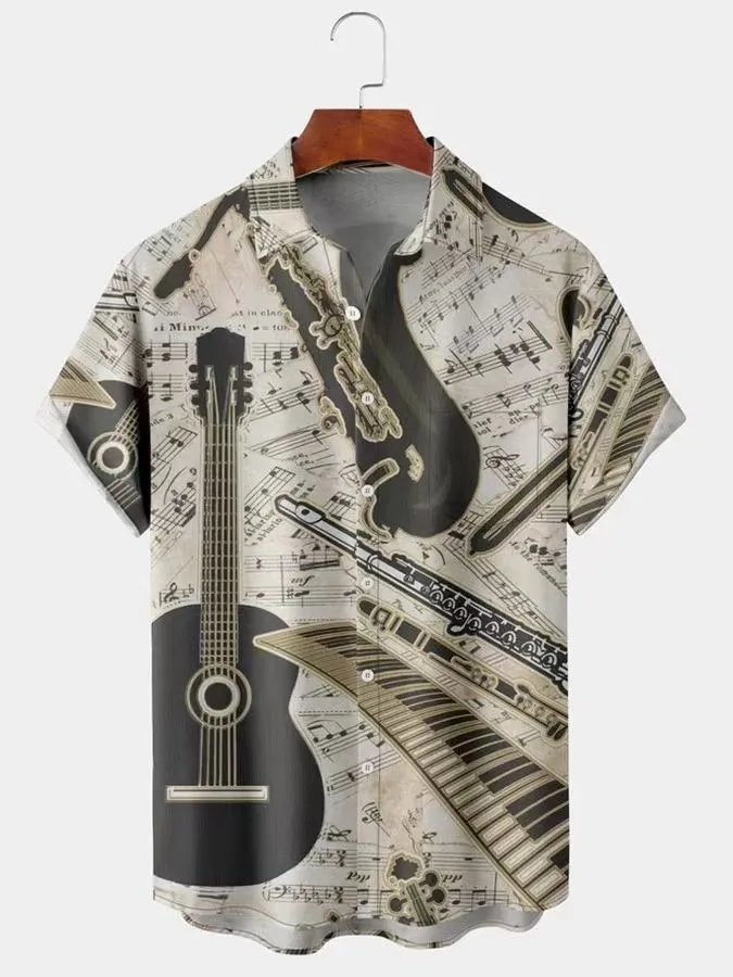 الرجال بسيط الرجعية الموسيقى الغيتار النجوم والمشارب ثلاثية الأبعاد قميص مطبوع قصيرة الأكمام التلبيب ضوء وتنفس الأعمال عادية جزء
