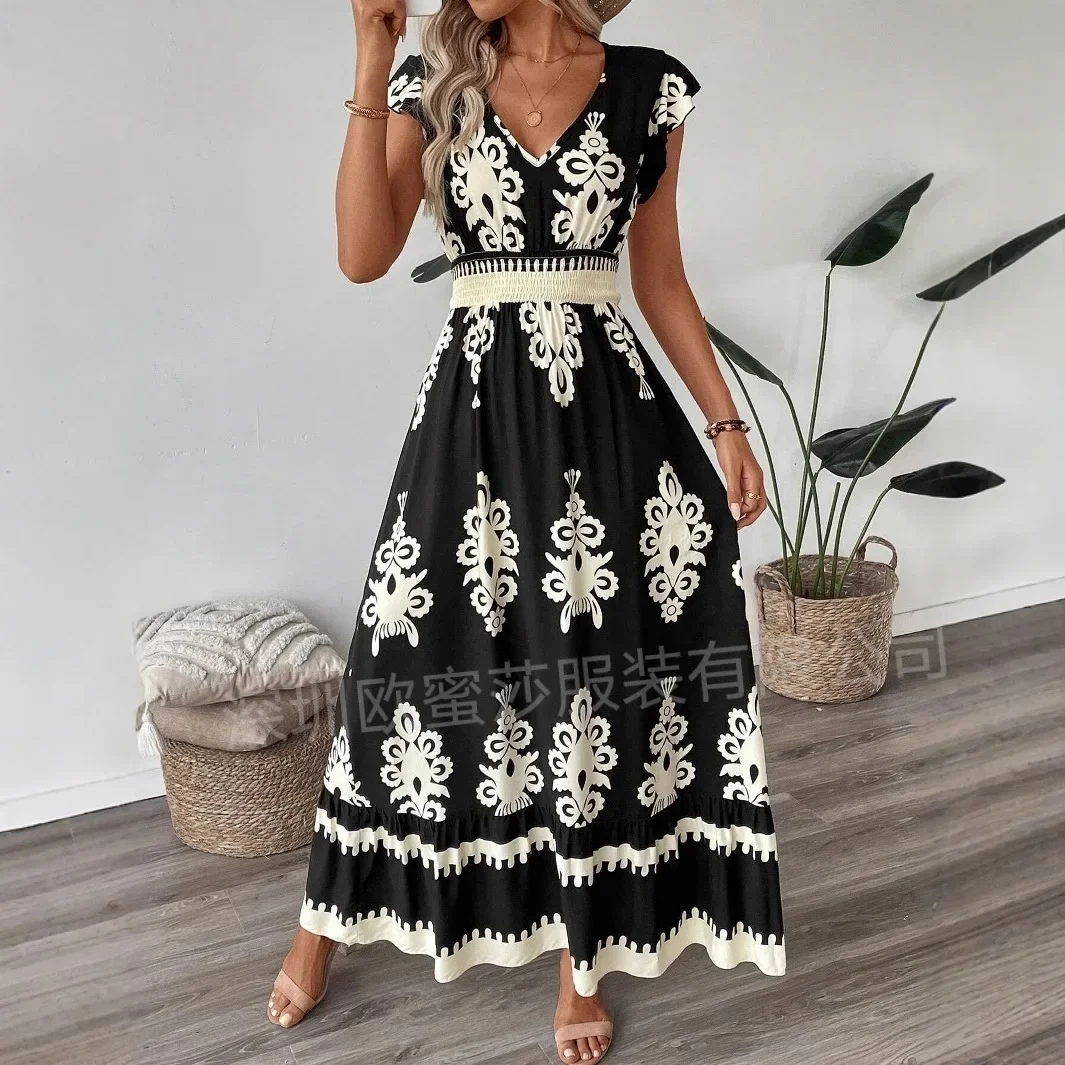 Abito lungo Boho stampato floreale moda estiva donna scollo a V manica volante vacanza vacanza spiaggia vestito estivo abiti da festa abiti