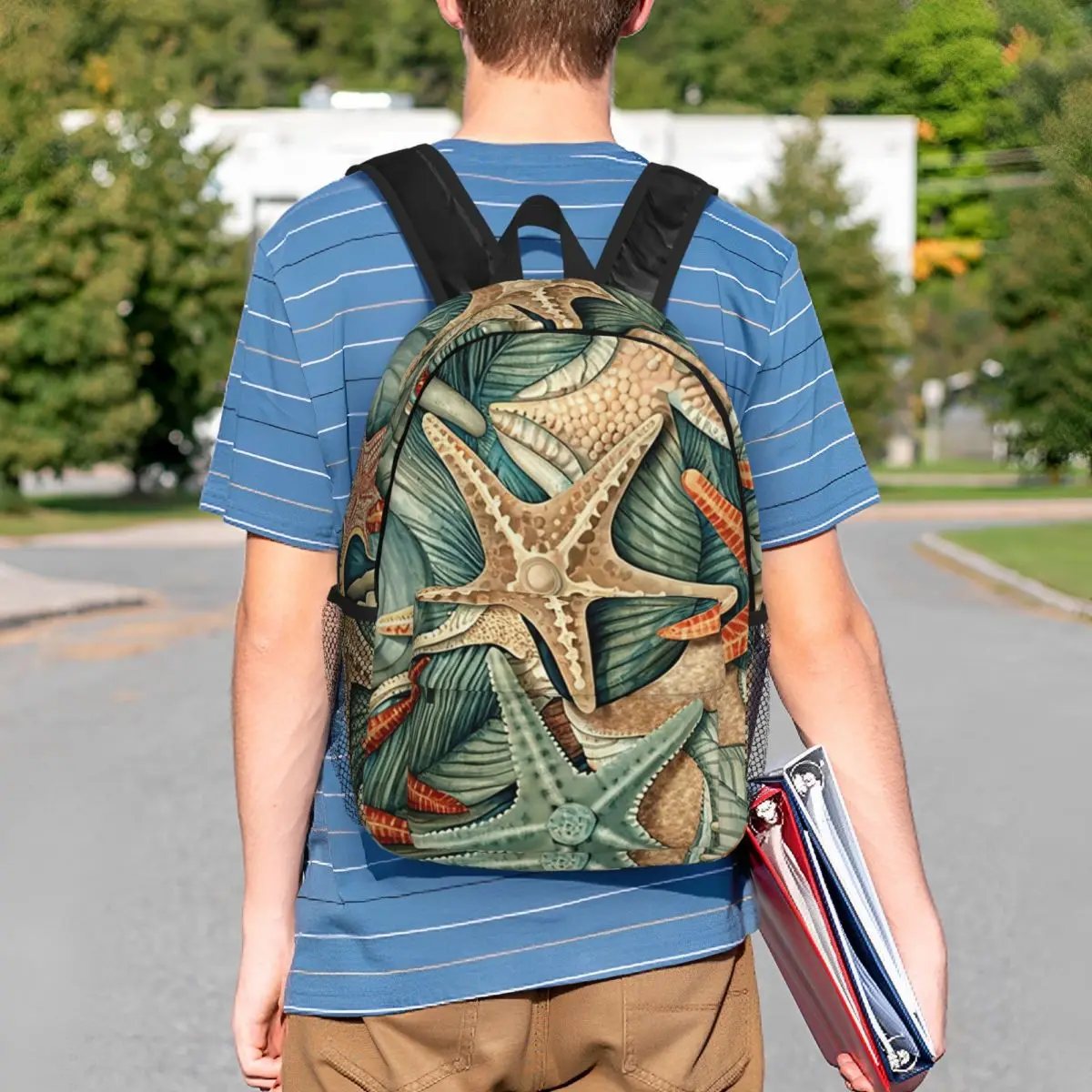 Beachthemed Starfish Shell Pattern Backpack Student BookBag Kids School Bag Laptop Shoulder Bags for Boys Girls