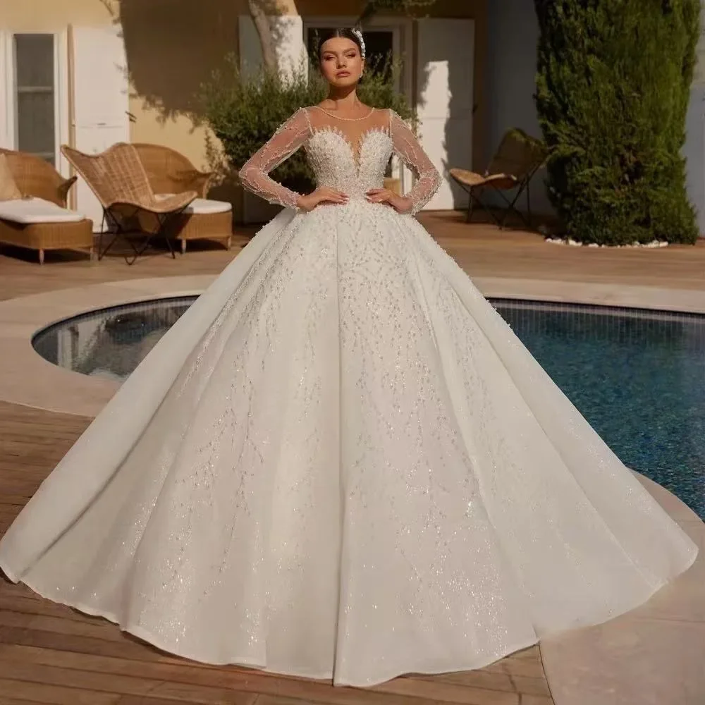 

Flavinke Customized Scoop Neck Pearls Beaded Wedding Dresses Full Sleeves Ball Gown Bridal Gowns Court Train Vestidos de novia