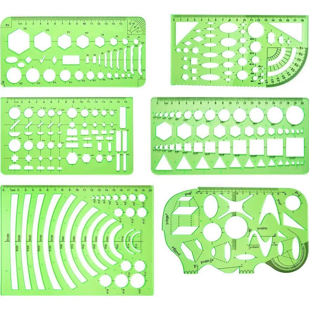 6Pcs Transparent Geometric Drawing Ruler Set Clear Green Plastic Stencil Templates for School Office Art Design Mechanical