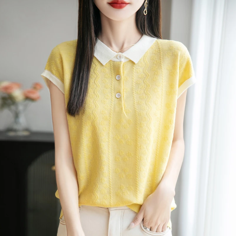 

Summer New 100% Lyocell Knitted Short Sleeve Casual Women's T-shirt Doll Neck Loose Tees Splicing Head Tops Cool