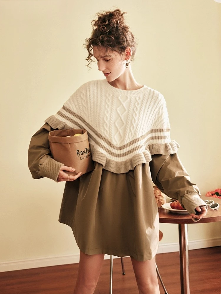 

OLrain French Knitted Dress for Woman 2025 Winter New in Patchwork Dresses Fashion Loose Fit O-neck Women Clothing O22DL68699