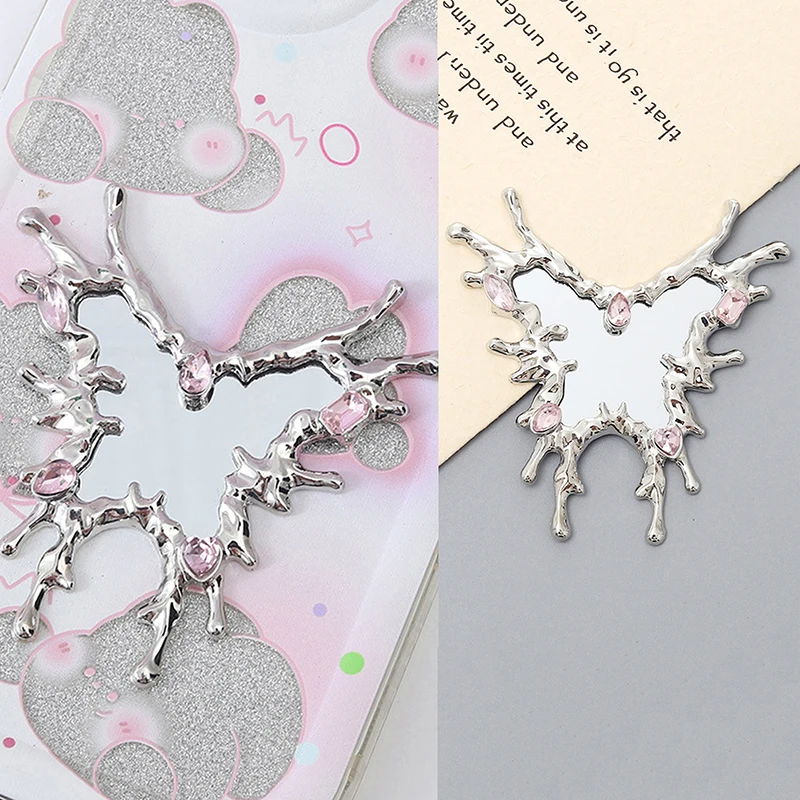 Metal Liquid Mirror DIY Accessories Y2k Irregular Butterfly Heart Pink Rhinestone Mirror For Mobile Phone Back Handmade Patch