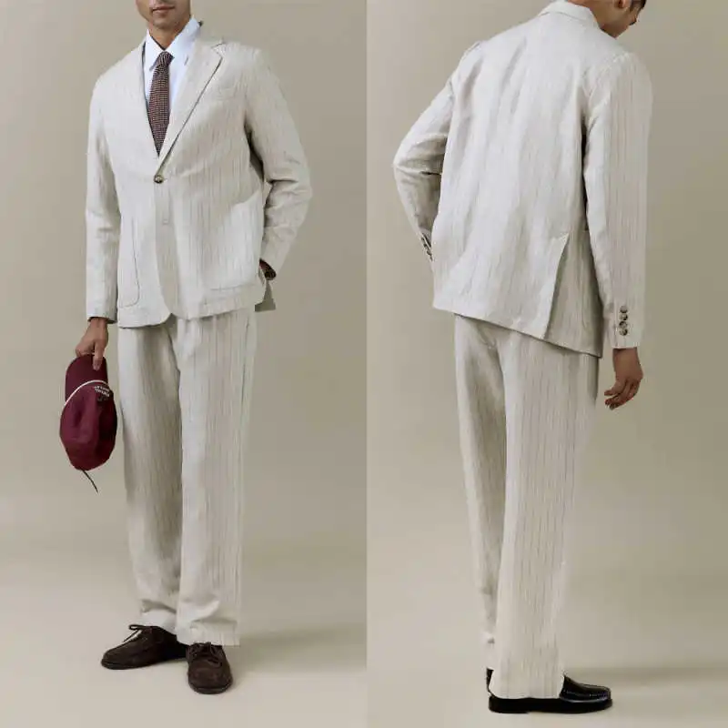 Classic Linen Stripe Prom Suits 2 Pieces Notched Lapel Single Breasted Groom Wedding Tuxedo Blazer Trousers Set Ropa Hombre
