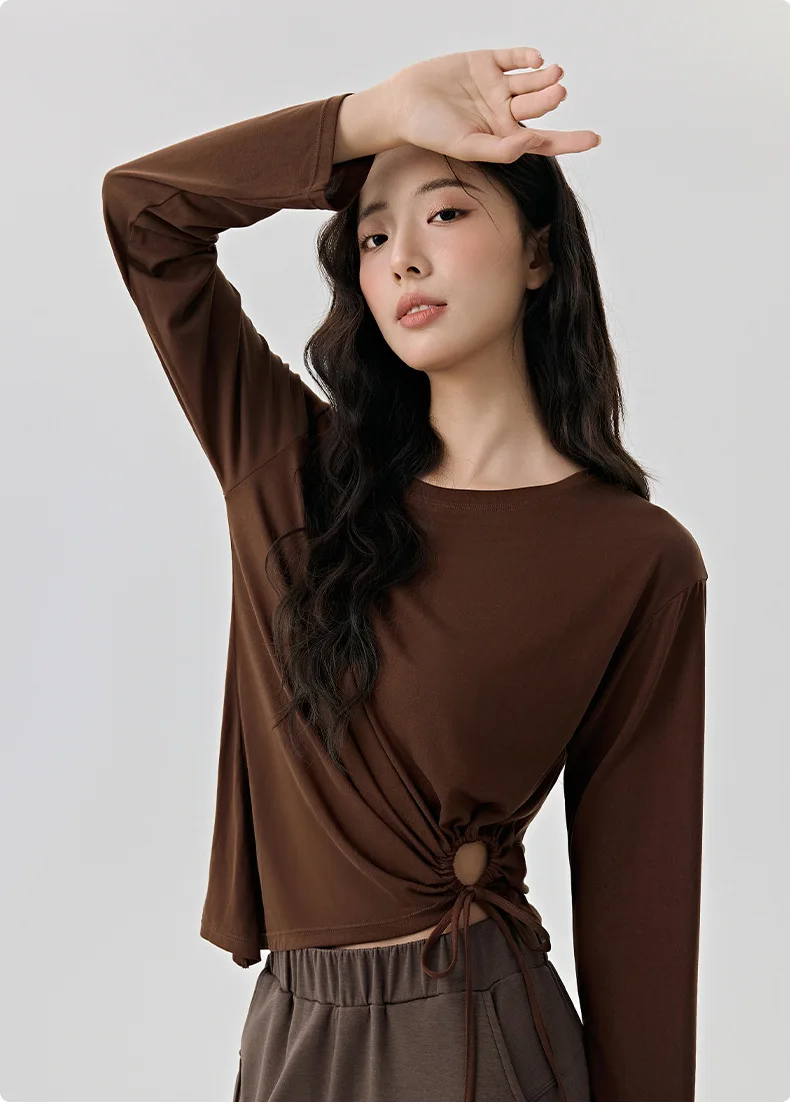 

Летняя женская свободная однотонная футболка с длинным рукавом и полым шнурком, дышащая эластичная блузка, спортивные топы для фитнеса и пилатеса