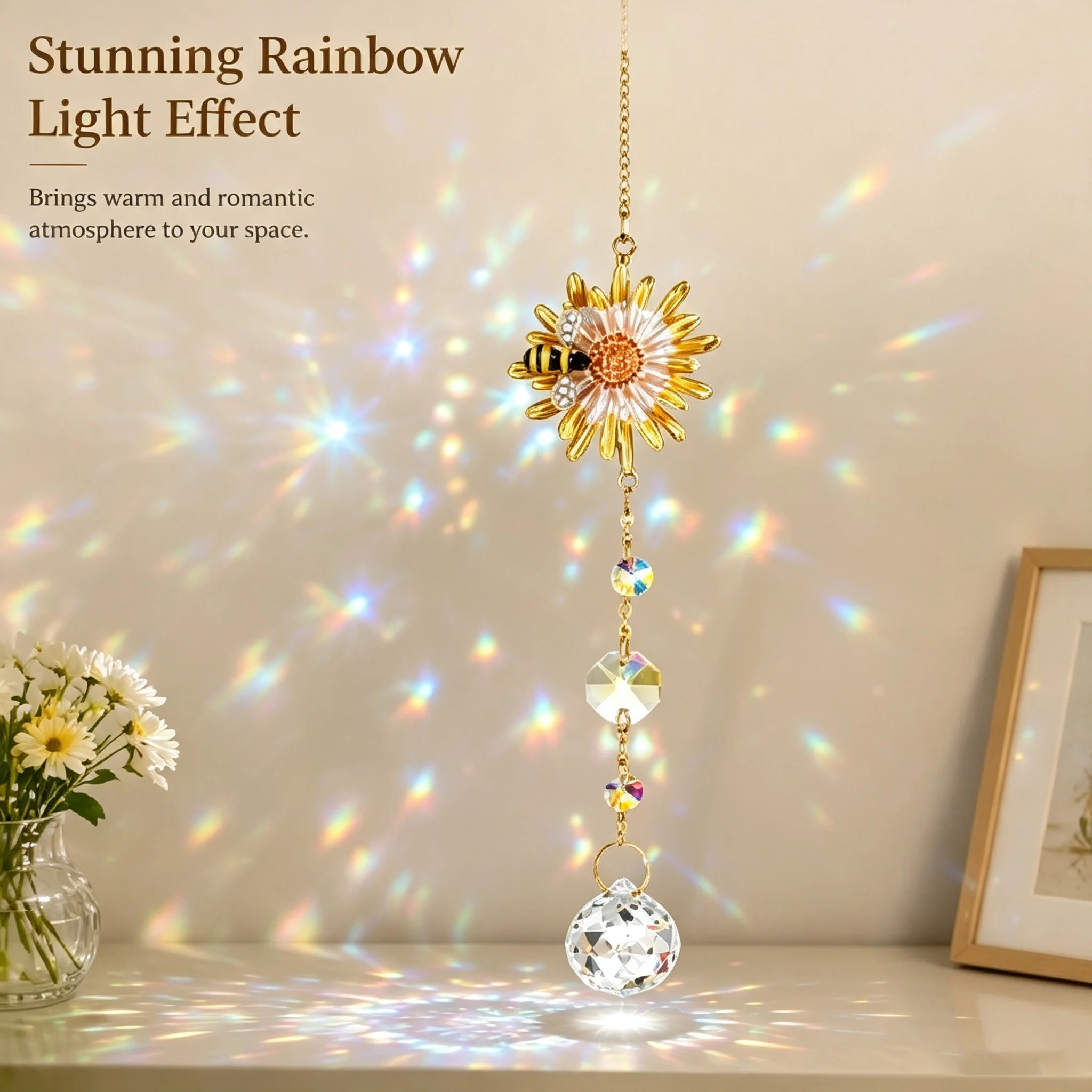 Hanging Crystal Suncatcher Bee Daisy Honeycomb Ornament Crystal Prism Rainbow Maker Window Garden Decorative Holiday Present