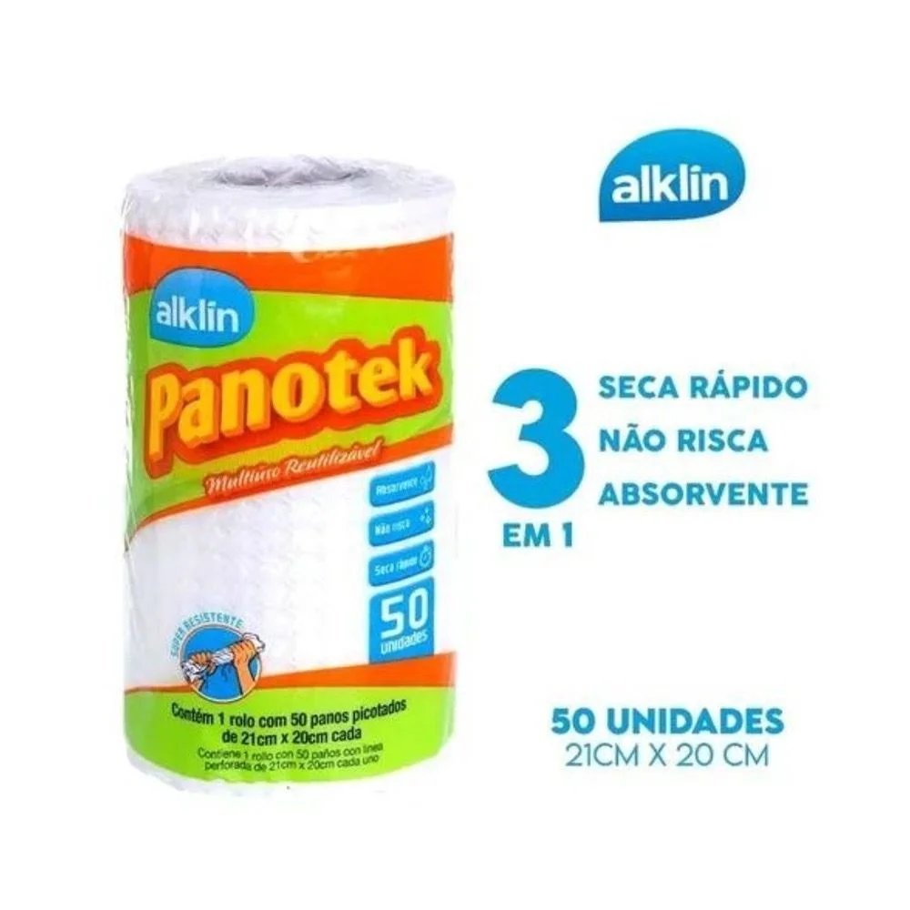 Rolo Pano Limpeza Multiuso Reutilizável C/ 50 Unidades Panotek 21x20cm Branco- ALKLIN