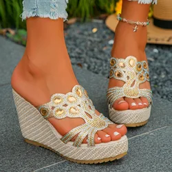 Women's Shoes 2024 Hot Sale Plus Size Women's Slippers Fashion Crystal Dress Slippers Women Summer Square Toe Flat Slippers