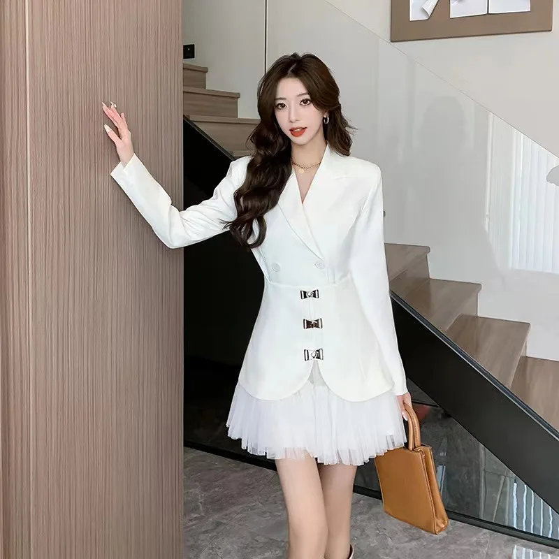 

2023 Autumn Fashion Women's Suit Spliced Mesh Dress Button Waist Two Piece Sets
