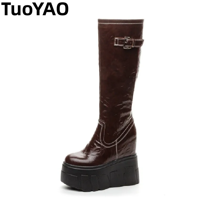 

Сапоги до колена на каблуке 14 см, ботинки на танкетке в стиле панк, мотоциклетные ботинки для верховой езды, женская осенне-зимняя обувь с пряжкой