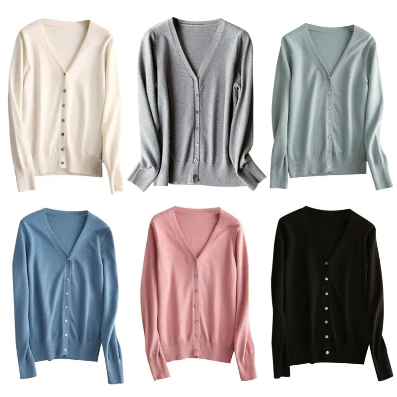 Women Button Knit Short Cardigan Long Sleeve Casual Warm Loose Sweater Solid Color