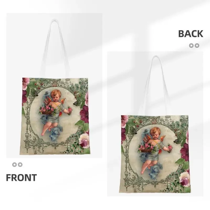 Victorian Angel Print With Vintage Rose Bouquets Shabby Chic Canvas Shopping Bags Women Washable Grocery Tote Shopper Bags