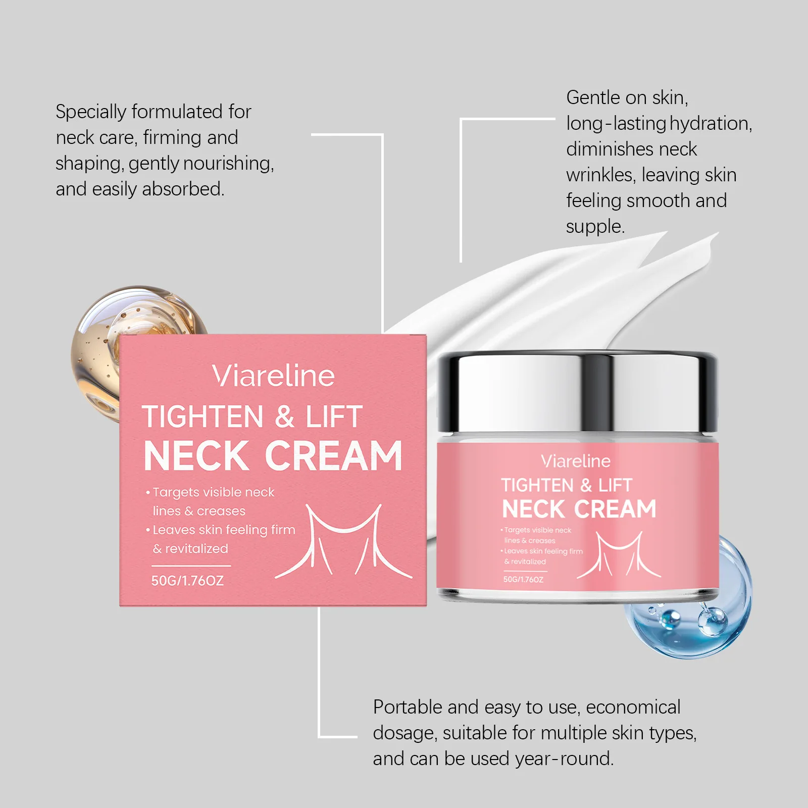 VIARELINE Collagen Neck Moisturizing Cream Firm Skin Improve Roughness Brighten Skin Tone Reduce Fine Lines Neck Soothing Cream