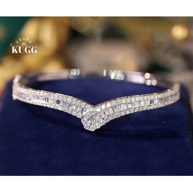 KUGG 100% 18K White Gold Bangle Luxury V-Shape INS Style 2.3carat Real Natural Diamond Bangle for Women High Party Jewelry