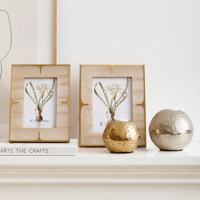 Aluminum light luxury ball color candlestick color embellishment beige marble pattern photo frame desktop decoration
