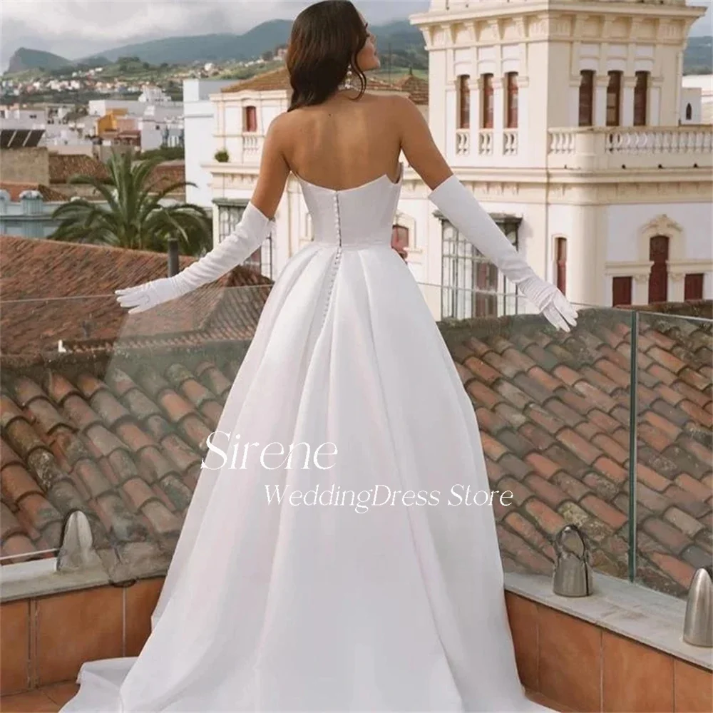 Vestido de novia de satén sin tirantes de princesa Simple personalizado, vestido de novia plisado de playa con hombros descubiertos y abertura lateral, 2025