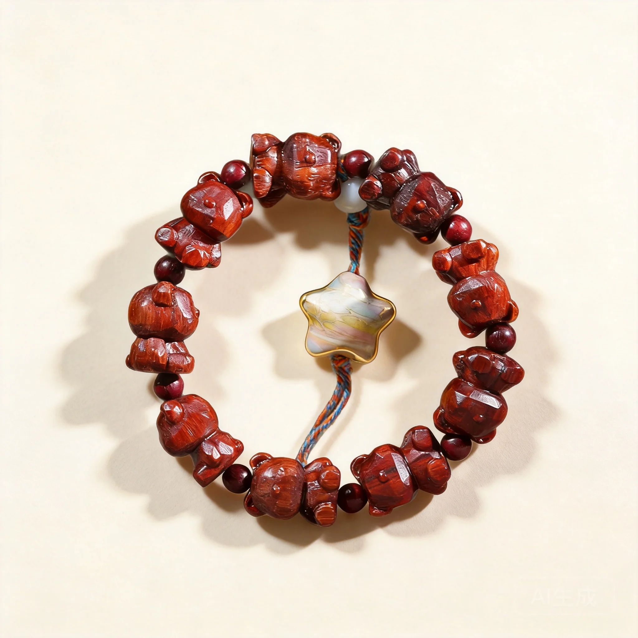 Chinese Style Natural Red Sandalwood Hand Carved Bear Lucky Star Bead Adjustable Unisex Bracelet Feng Shui Good Fortune Wealth