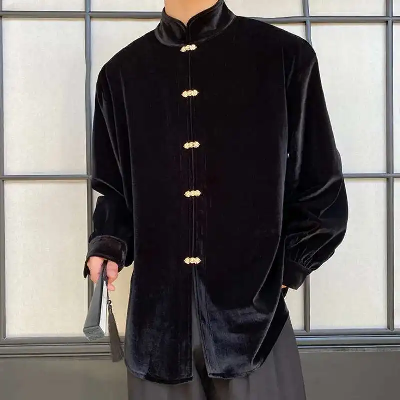 

SYUHGFA New Chinese Style Trendy Velvet Metal Buckle Shirt Men Stand Collar Long Sleeve Male Shirts Loose 2024 Autumn