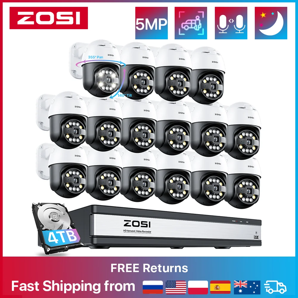 ZOSI 16CH 5MP PTZ AI POE Camera NVR Kit Security IP Cameras System H.265 CCTV Video Surveillance Set Two Way Audio Outdoor