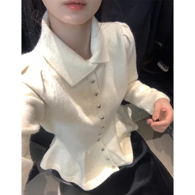 Women's Knitted  Neck Sweater Diamond Embellished Slim Fit Base Layer Autumn Winter Fashionable Top High Quality Cashmere
