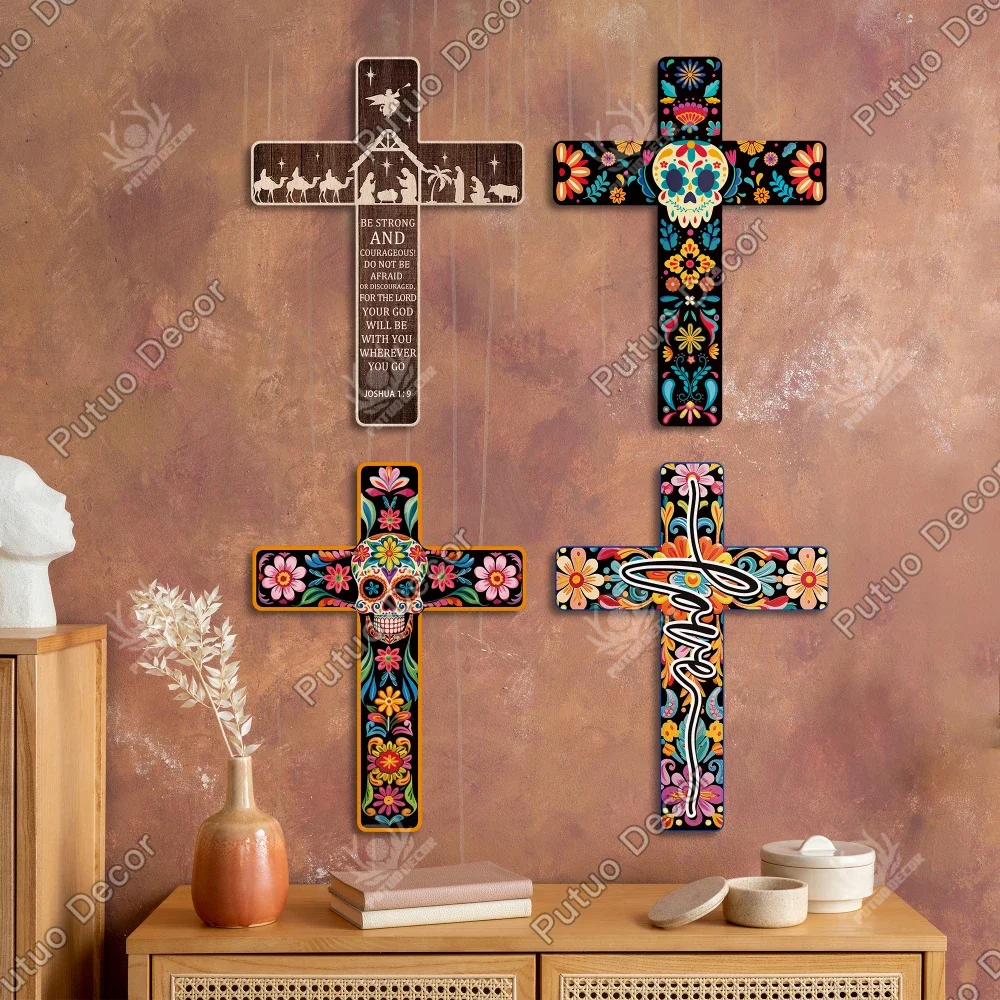 Putuo Decor Mexican Crucifix Wood Wall Decoration - 15.9 X 11.8 Inches, Day of Death Cross Decor for Room