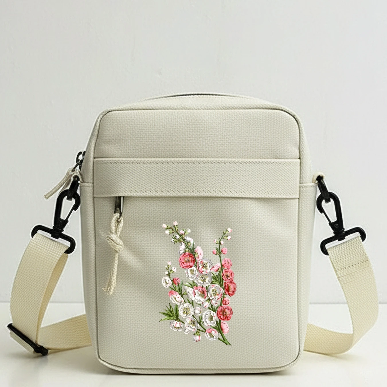 Sakura Bouquet Print Shoulder Bag Portable Stylish Detachable Strap Zipper Closure for Travel Work Phone Wallet Unisex Outdoor