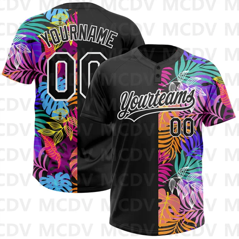 Custom Black Lakes Blue 3D Pattern Hawaii Tropical Palm Leaves Two-Button Unisex Softball Jersey image 2