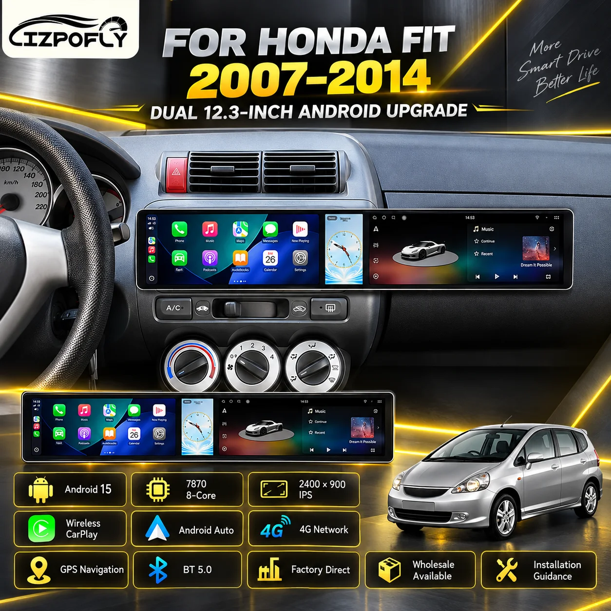 Lizpofly 3-in-1 screen 24.6 inch Android Car Radio For Honda Fit 2007-2014 CarPlay GPS Navigation Multimedia Video Player Stereo