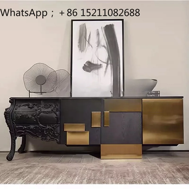 LLY solid wood engraved TV entrance cabinet light luxury art log entry dining side cabinet retro decorative cabinet