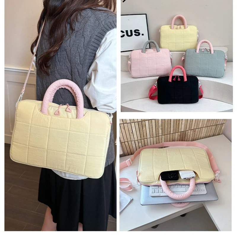 Simple Solid & Plaid Laptop Handbag 13 14 Inch Laptop Sleeve Protective Case Shoulder Crossbody Bag for Notebook Daily Carry